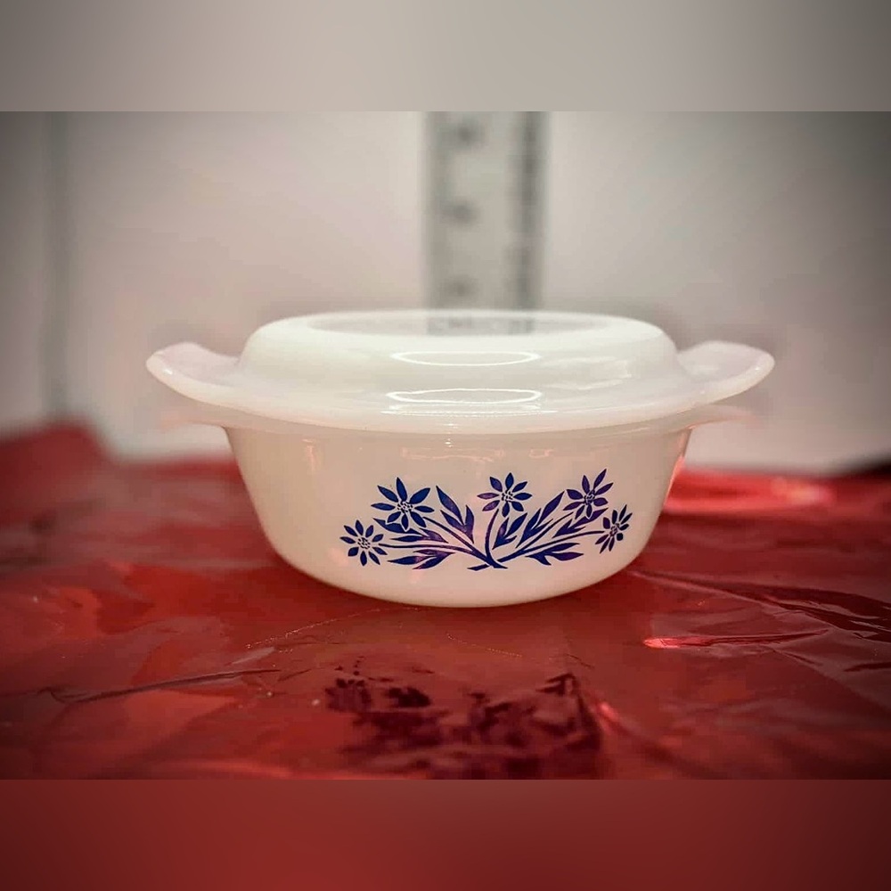 Fire King Blue Cornflower Vintage Mini Milk Glass Casserole Dish Set w/ Shakers - Picture 3 of 16